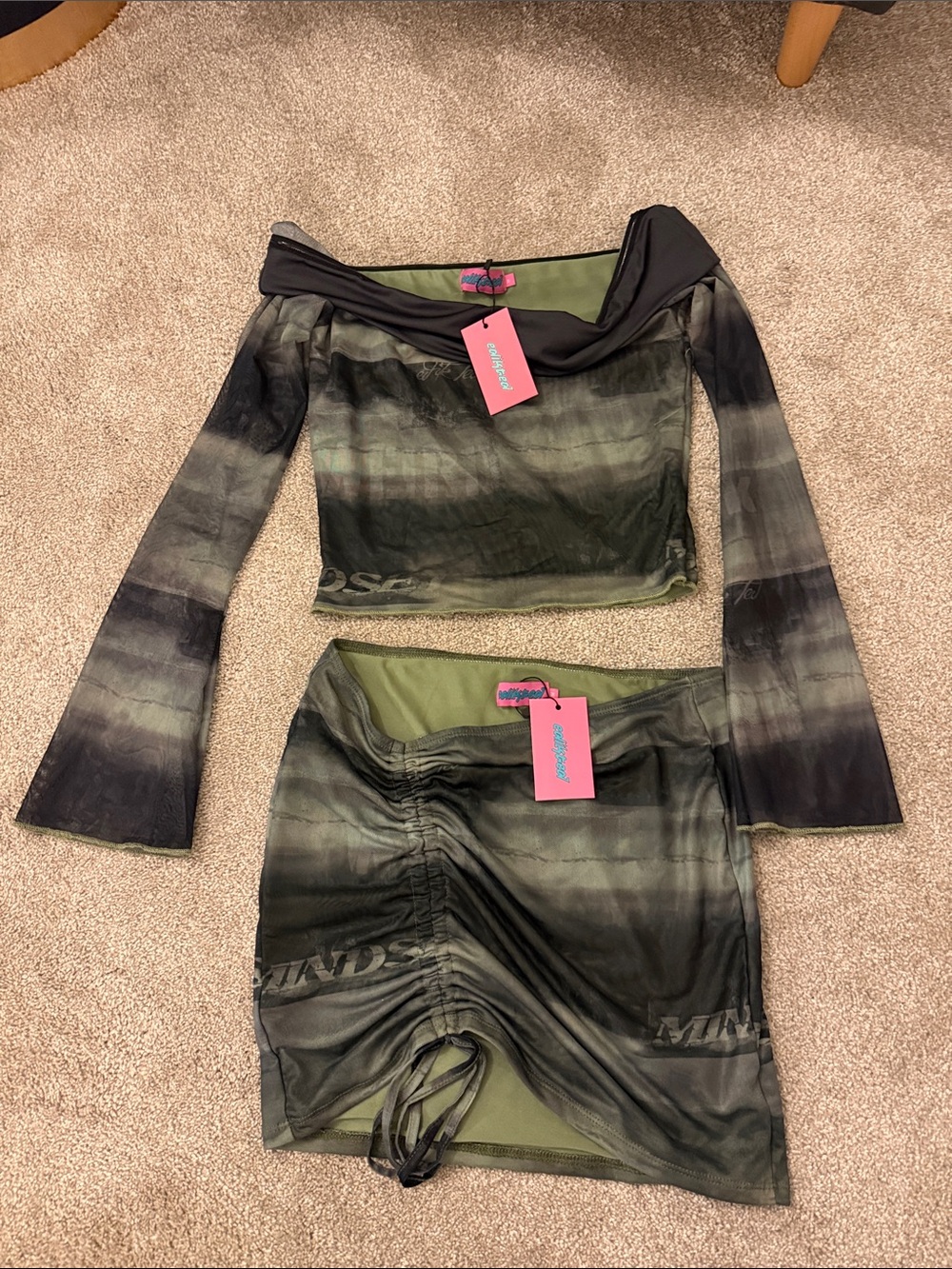 Edikted Olive Green and Black Tie-Dye Ruched Skirt Set